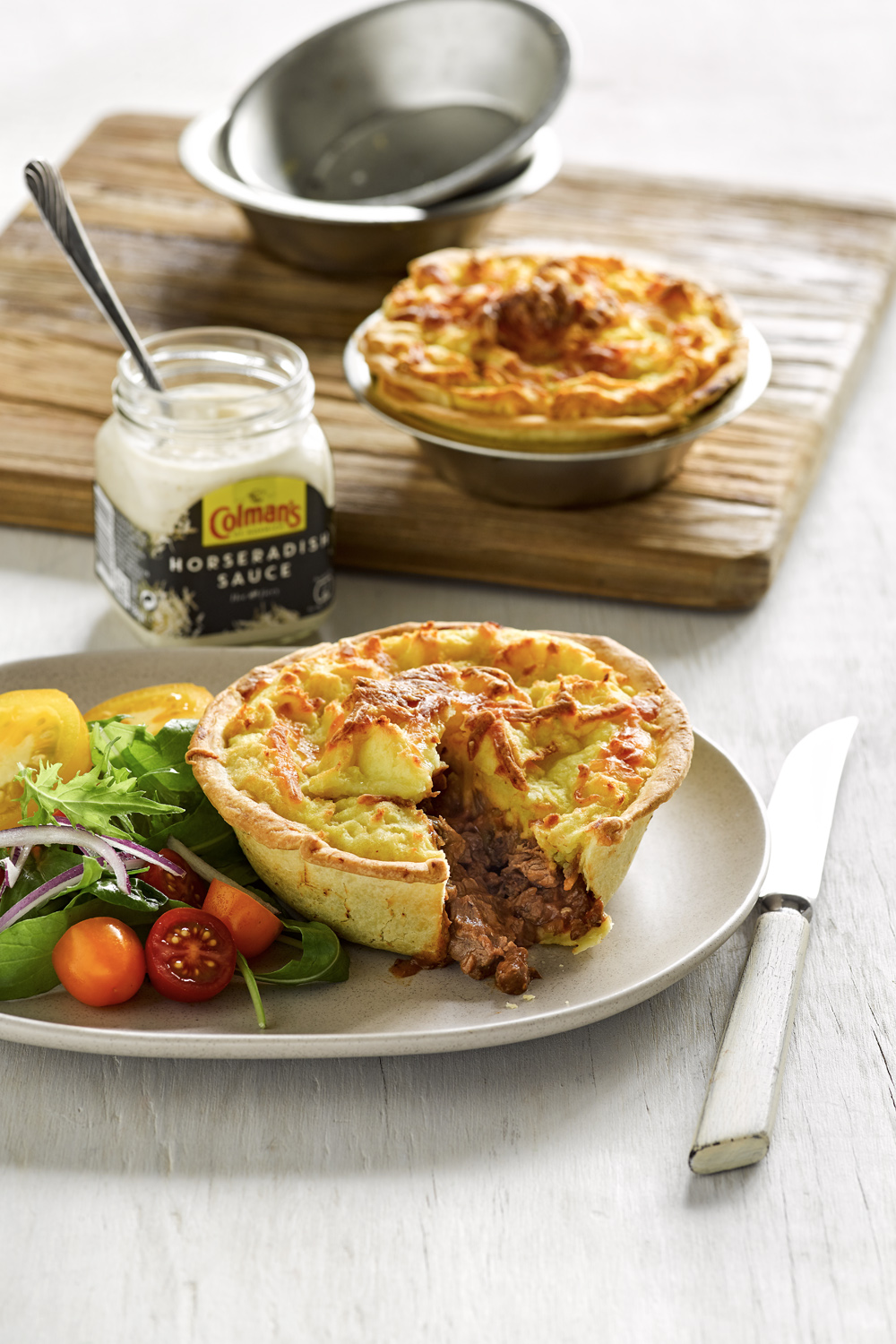 Steak Pies with Horseradish and Cheddar Potato Topping by Jo Wilcox